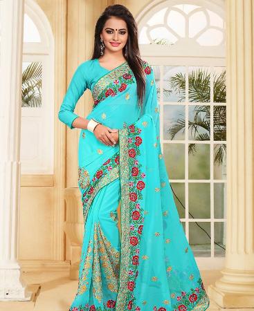 Picture of Delightful Turquoise Georgette Saree