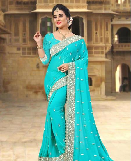 Picture of Stunning Turquoise Blue Georgette Saree