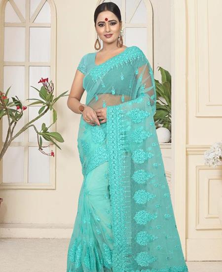 Picture of Nice Turquoise Blue Net Saree