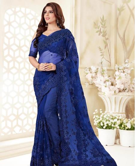 Picture of Shapely Royal Blue Net Saree