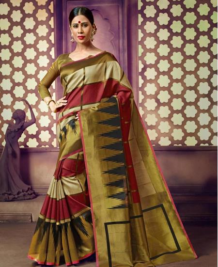 Picture of Beauteous Olive Green & Maroon Silk Saree