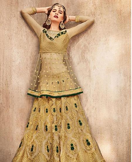 Picture of Good Looking Golden With Green Wedding Salwar Kameez