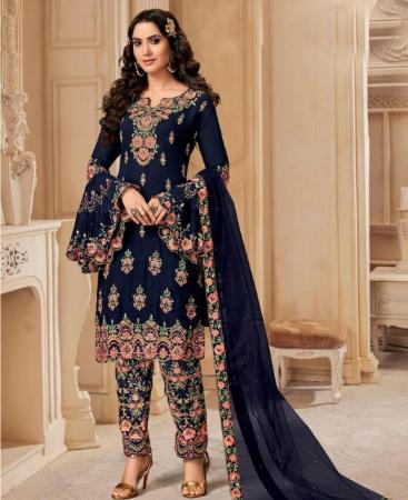 Picture of Lovely Navy Blue Straight Cut Salwar Kameez