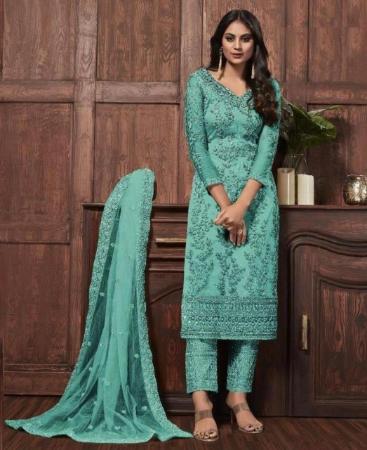 Picture of Good Looking Aqua Blue Straight Cut Salwar Kameez