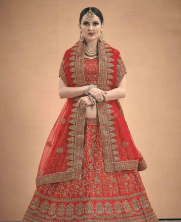 Picture of Fascinating Coral Red Lehenga Choli