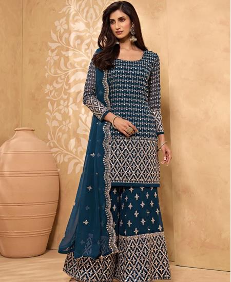 Picture of Pretty Teal Blue Straight Cut Salwar Kameez