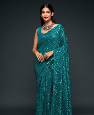 Picture of Elegant Teal Blue Georgette Saree