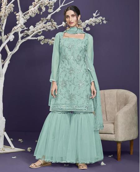 Picture of Fine Aqua Blue Straight Cut Salwar Kameez