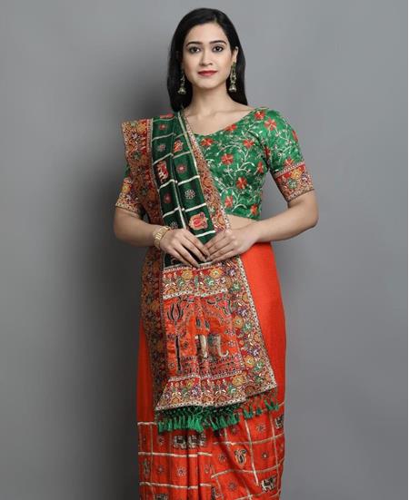 Picture of Fine Green+orange Silk Saree