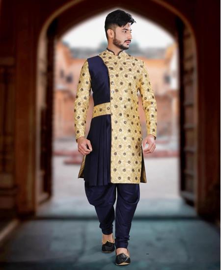 Picture of Fine Cream Blue Sherwani