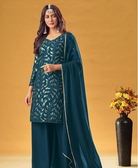 Picture of Well Formed Teal Blue Straight Cut Salwar Kameez