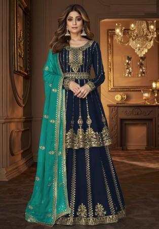 Picture of Georgette Navy Blue Straight Cut Salwar Kameez