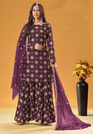 Picture of Ravishing Georgette Plum Straight Cut Salwar Kameez