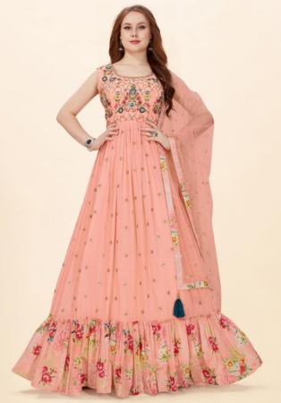 Picture of Sightly Georgette Peach Puff Readymade Gown