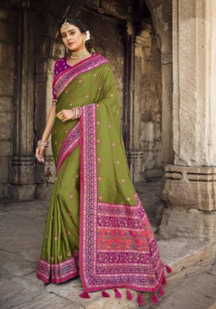 Picture of Excellent Silk Dark Olive Green Saree