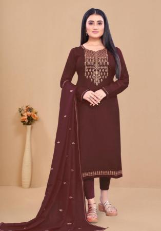 Picture of Fine Silk Saddle Brown Straight Cut Salwar Kameez