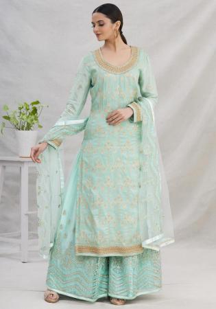 Picture of Net & Silk Light Steel Blue Straight Cut Salwar Kameez