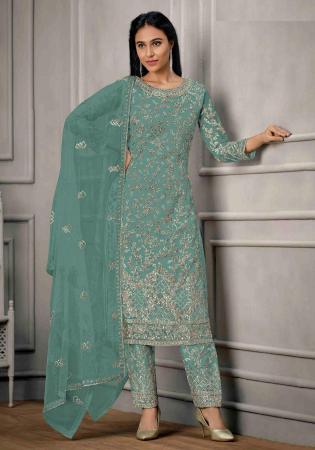 Picture of Well Formed Net Dark Sea Green Anarkali Salwar Kameez