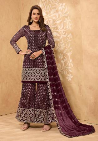 Picture of Georgette Saddle Brown Straight Cut Salwar Kameez