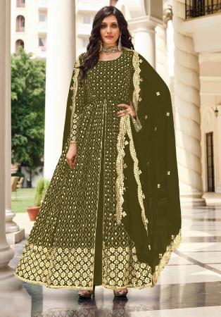 Picture of Georgette Dark Olive Green Straight Cut Salwar Kameez