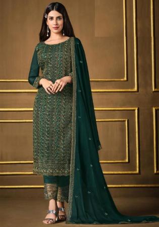 Picture of Silk Dark Olive Green Straight Cut Salwar Kameez