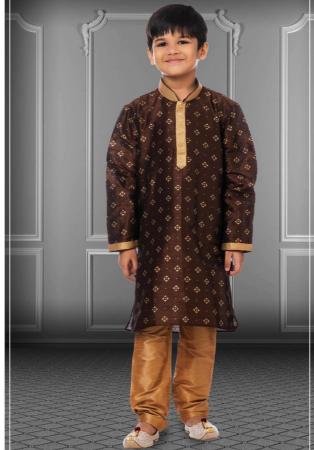 Picture of Resplendent Silk Dark Olive Green Kids Kurta Pyjama