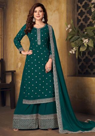 Picture of Pleasing Georgette Teal Straight Cut Salwar Kameez