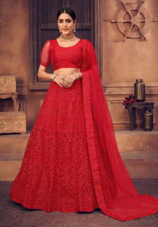 Picture of Good Looking Net Fire Brick Lehenga Choli