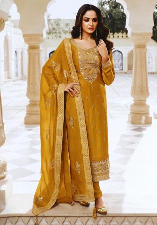 Picture of Silk Dark Golden Rod Straight Cut Salwar Kameez