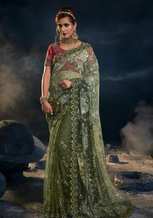 Picture of Wonderful Net Dark Olive Green Saree