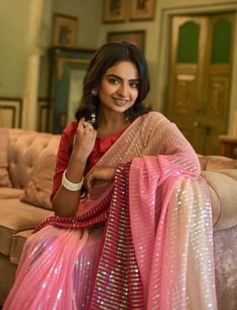 Picture of Good Looking Georgette Dark Salmon Saree