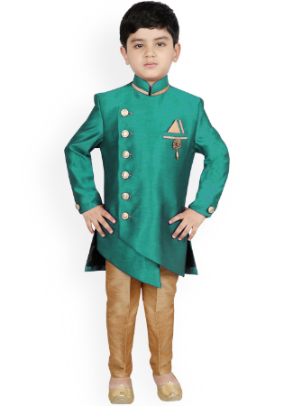 Picture of Excellent Silk Medium Sea Green Kids Kurta Pyjama