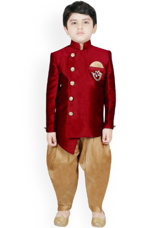 Picture of Pleasing Silk Fire Brick Kids Kurta Pyjama