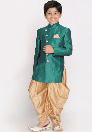 Picture of Excellent Silk Sea Green Kids Kurta Pyjama