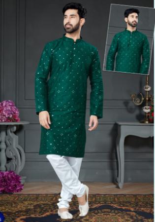 Picture of Delightful Cotton & Silk Dark Green Kurtas