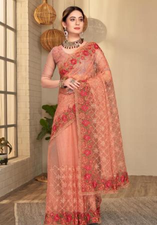 Picture of Ravishing Net Dark Salmon Saree