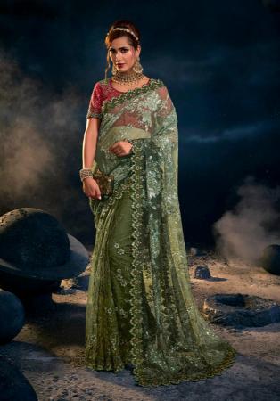 Picture of Classy Net Dark Olive Green Saree