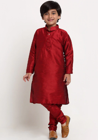 Picture of Resplendent Silk Maroon Kids Kurta Pyjama