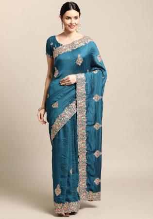 Picture of Stunning Net & Silk Dark Slate Blue Saree