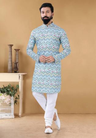 Picture of Stunning Cotton & Silk Light Steel Blue Kurtas