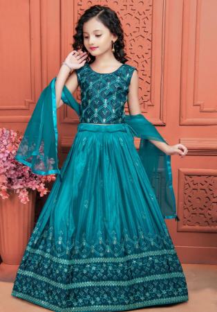 Picture of Appealing Silk Dark Cyan Kids Lehenga Choli