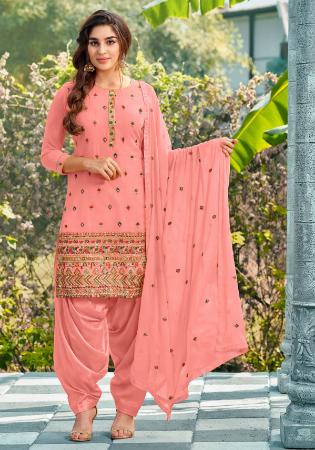 Picture of Georgette Light Salmon Straight Cut Salwar Kameez