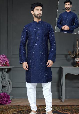 Picture of Well Formed Cotton & Silk Midnight Blue Kurtas