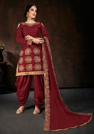 Picture of Beautiful Cotton Maroon Straight Cut Salwar Kameez