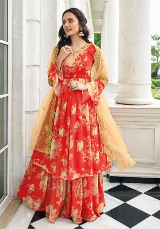 Picture of Georgette Fire Brick Straight Cut Salwar Kameez