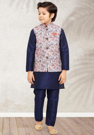 Picture of Nice Silk Navy Blue Kids Kurta Pyjama