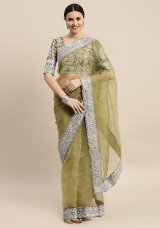 Picture of Well Formed Organza Dark Khaki Saree