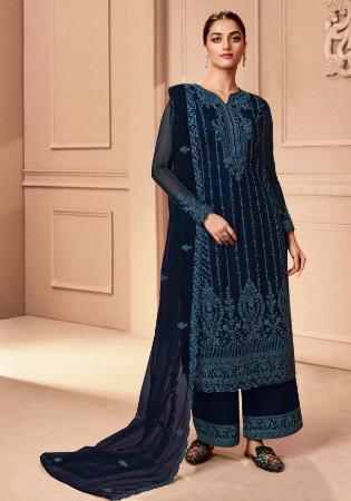 Picture of Wonderful Net Midnight Blue Straight Cut Salwar Kameez