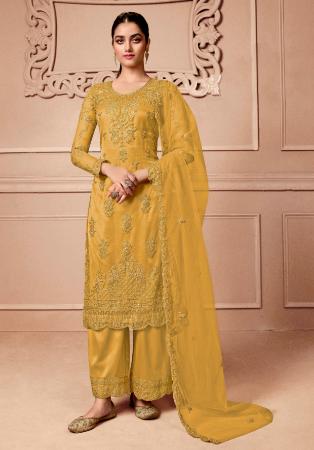 Picture of Beautiful Net Golden Rod Straight Cut Salwar Kameez