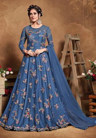 Picture of Excellent Net Dark Slate Blue Anarkali Salwar Kameez